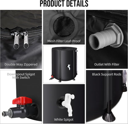Collapsible Rain Barrel Water Collection System - 53 Gallon Portable Water Storage Tank,Foldable Rainwater Collect System Downspout, Water Catcher Container with Filter, Spigots＆Overflow Kit,Black