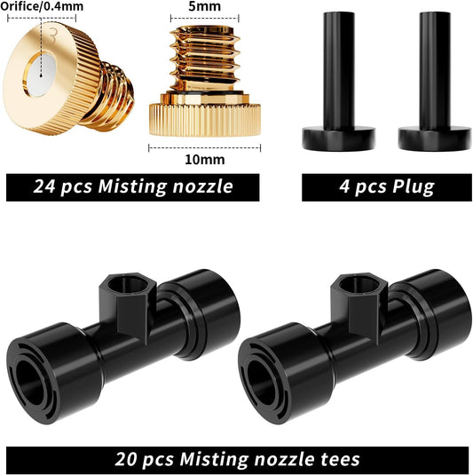 Misting Nozzles Kit Include 24 Pcs Misting nozzle 20 Pcs Misting 4 Pcs Plug nozzle tees for Outdoor Spray Cooling System (48 Pieces)