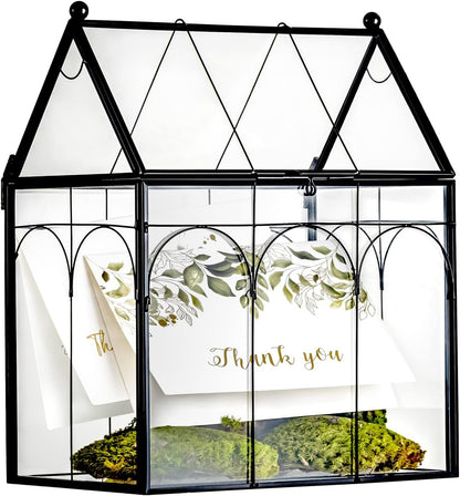 NCYP Glass Terrarium with Lid for Cacti, Succulents, Small Plants - 7.5 x 4.9 x 9 inches Closed Geometric Planter Box - Home Indoor Tabletop House Shape Decorative, Black (Terrarium Only)