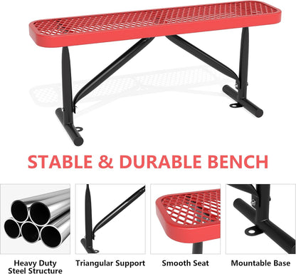 48" L Outdoor Steel Flat Bench, Heavy Duty Metal Park Bench for Outside, Expanded Metal, Commercial Benches Mesh Bench for Shopping Mall, Store, Lawn, Park, Patio, Deck, Garden (Red, 4FT)
