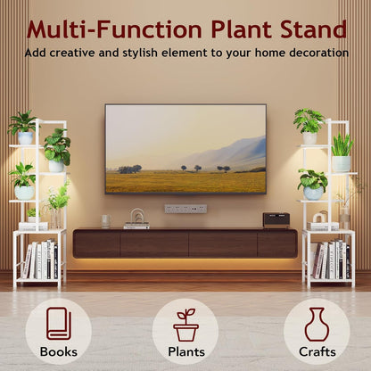 Plant Stand Indoor with Grow Light, 5-Tiered Tall Plant Stand Indoor, Metal Plant Shelf with Bookshelf Bookcase and Adjustable Light, Ideal for Living Room, Reading room, Garden, Patio (white)
