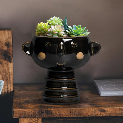 Face Planter - 7 Inch Ceramic Head Planters for Indoor Plants Outdoor, Cute Succulent Pots with Drainage Hole, Decorative Plant Pot, Home Office Room Decor, Black