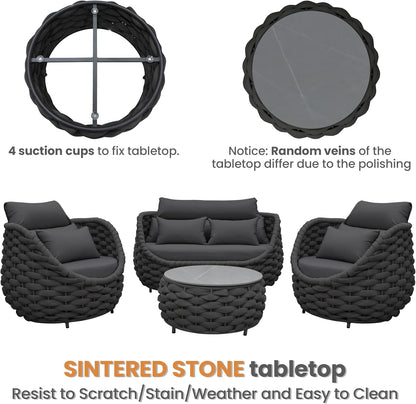 4 Pieces Outdoor Patio Furniture Set, All Weather Textilene Patio Conversation Set Patio Sofa and Loveseat Set with Table Cushions for Bistro Poolside Garden Backyard Hotel - Dark Gray