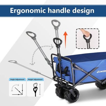 EchoSmile Heavy Duty 350 Lbs Capacity Collapsible Wagon, Outdoor Folding Camping Wagons, Grocery Portable Utility Cart, Adjustable Rolling Carts, All Terrain Sports Wagon with Big Wheels by Boahaus