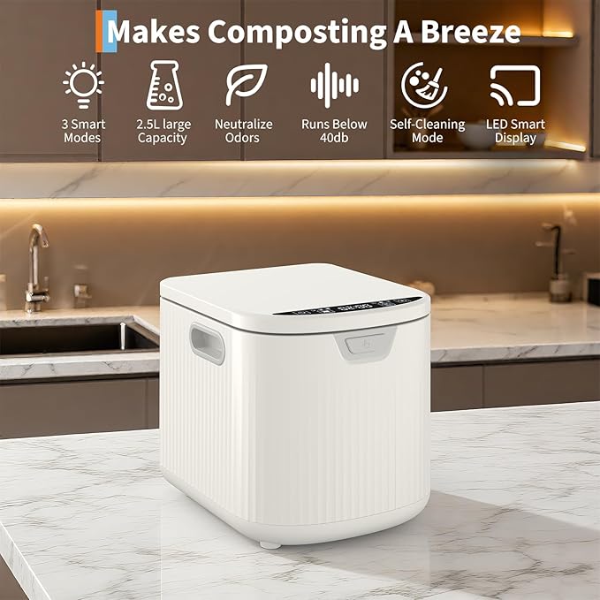 2.5L Kitchen Composting Bins, 3 Modes Smart Composter Bin, Auto-Clean, Converts Food Waste to Dry Fertilizer, LED Display & Quiet Operation