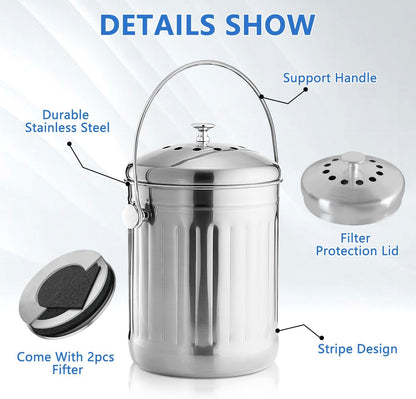 ENLOY Compost Bin for Kitchen Countertop, 1.3 Gallon Stainless Steel Indoor Compost Bucket for Kitchen Countertop Odorless Compost Pail for Kitchen Food Waste with Carrying Handle Easy to Clean