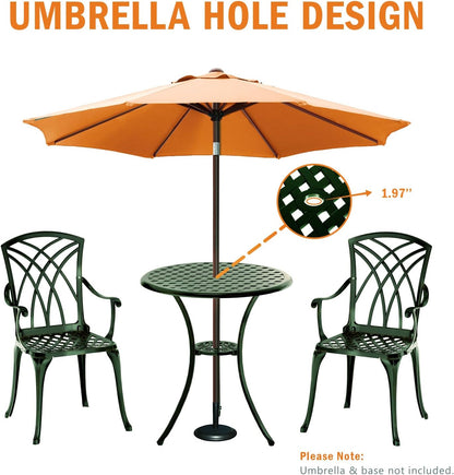 Patio Bistro Set 3 Piece, Cast Aluminum Bistro Set for 2 w/Umbrella Hole, Outdoor Table and Chairs Set of 2, Bistro Set for Balcony/Backyard/Garden, Green