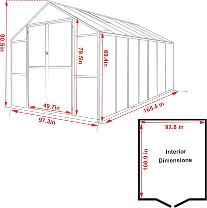 8x14 FT Green House for Outdoor, Polycarbonate Aluminum Walk-in Greenhouse Kit with Lockable Door and Adjustable Roof Vents, Backyard Garden in Winter, Gray