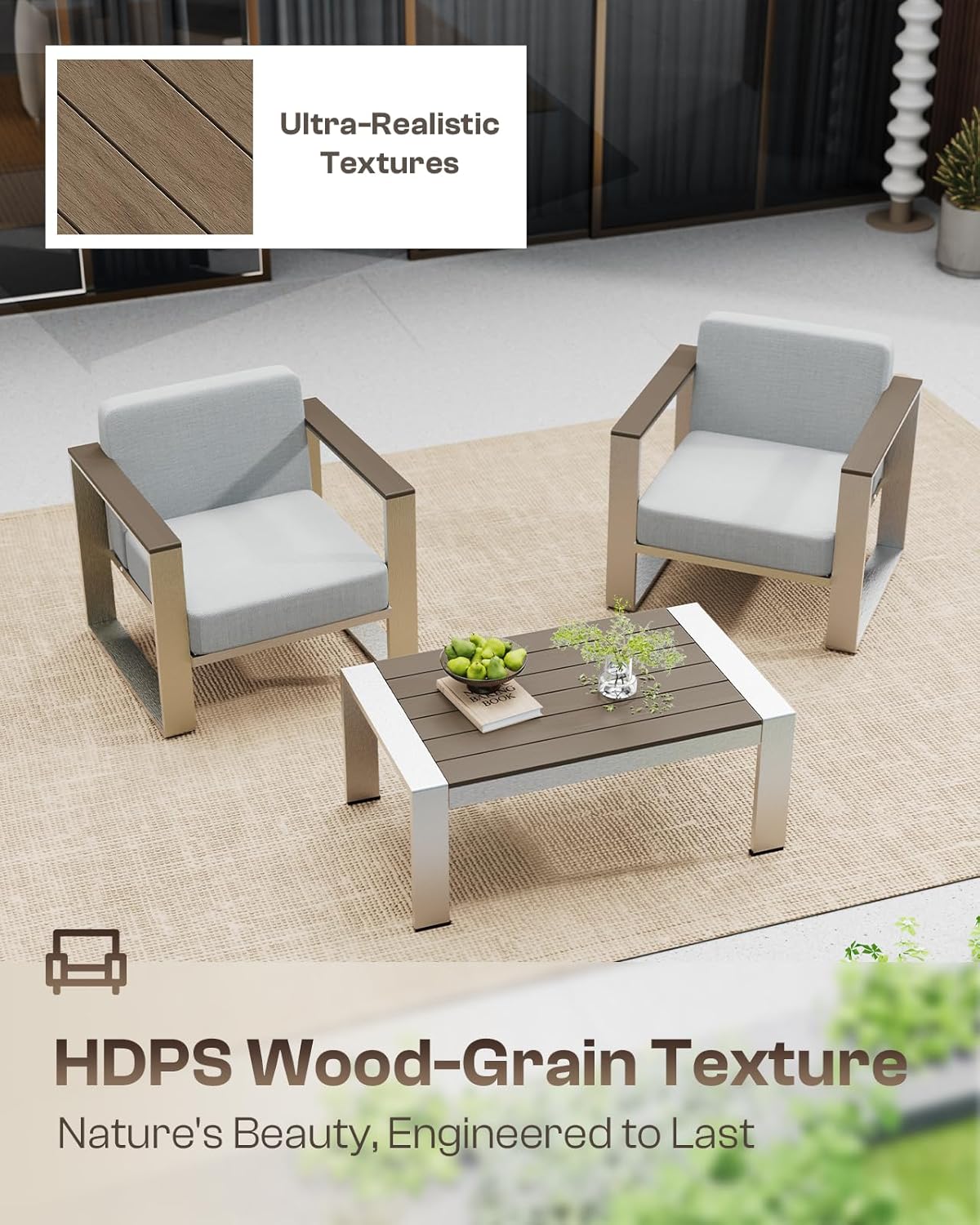 Outdoor Furniture Set, 5 Piece Aluminum Patio Furniture Set with Coffee Table, Wide Seat and Thick Cushions, Outdoor Patio Conversation Sets for Deck, Porch (LightGray)