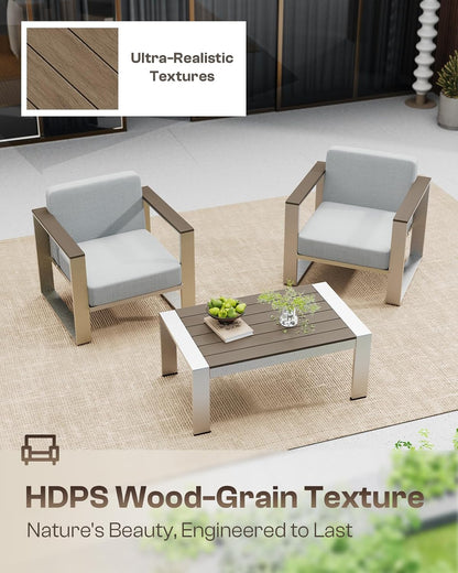 Outdoor Furniture Set, 4 Piece Aluminum Patio Furniture Set with Coffee Table, Wide Seat and Thick Cushions, Outdoor Patio Conversation Sets for Deck, Porch (LightGray)