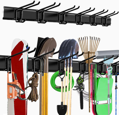 Garage Storage Rack Hooks, 48 Inch Heavy Duty Wall Mount Garage Organization with 3 Rails and 6 Adjustable Double Wall Hooks,Hanging Shelves for Garden Tool/Broom/Mop(Black)