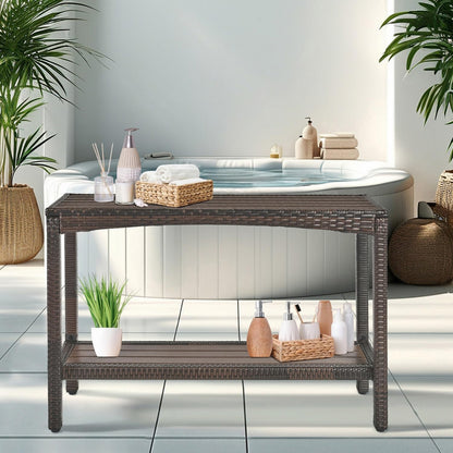 Outdoor Console Table Patio Buffet Bar Storage Organizer 45" Long Wicker Sofa Serving Sideboard Table 2-Shelf Outdoor Bar Table Tall Rectangle Narrow with Adjustable Feet for Entryway Balcony Brown