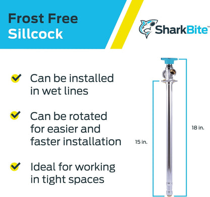 SharkBite 15 Inch Frost Free Sillcock, 1/2 x 3/4 Inch MHT, Push to Connect Brass Plumbing Fitting, PEX Pipe, Copper, CPVC, PE-RT, HDPE, 24637LF