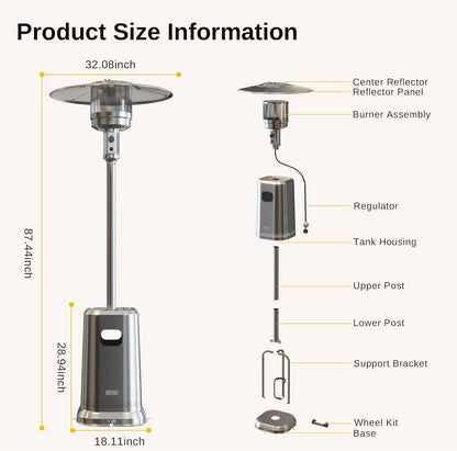EAST OAK Anti-rust 50,000 BTU Patio Heater for Outdoor Use With Double-Layer Stainless Steel Burner, Table Design and Wheels, Propane Patio Heater for Home and Commercial, Stainless Steel
