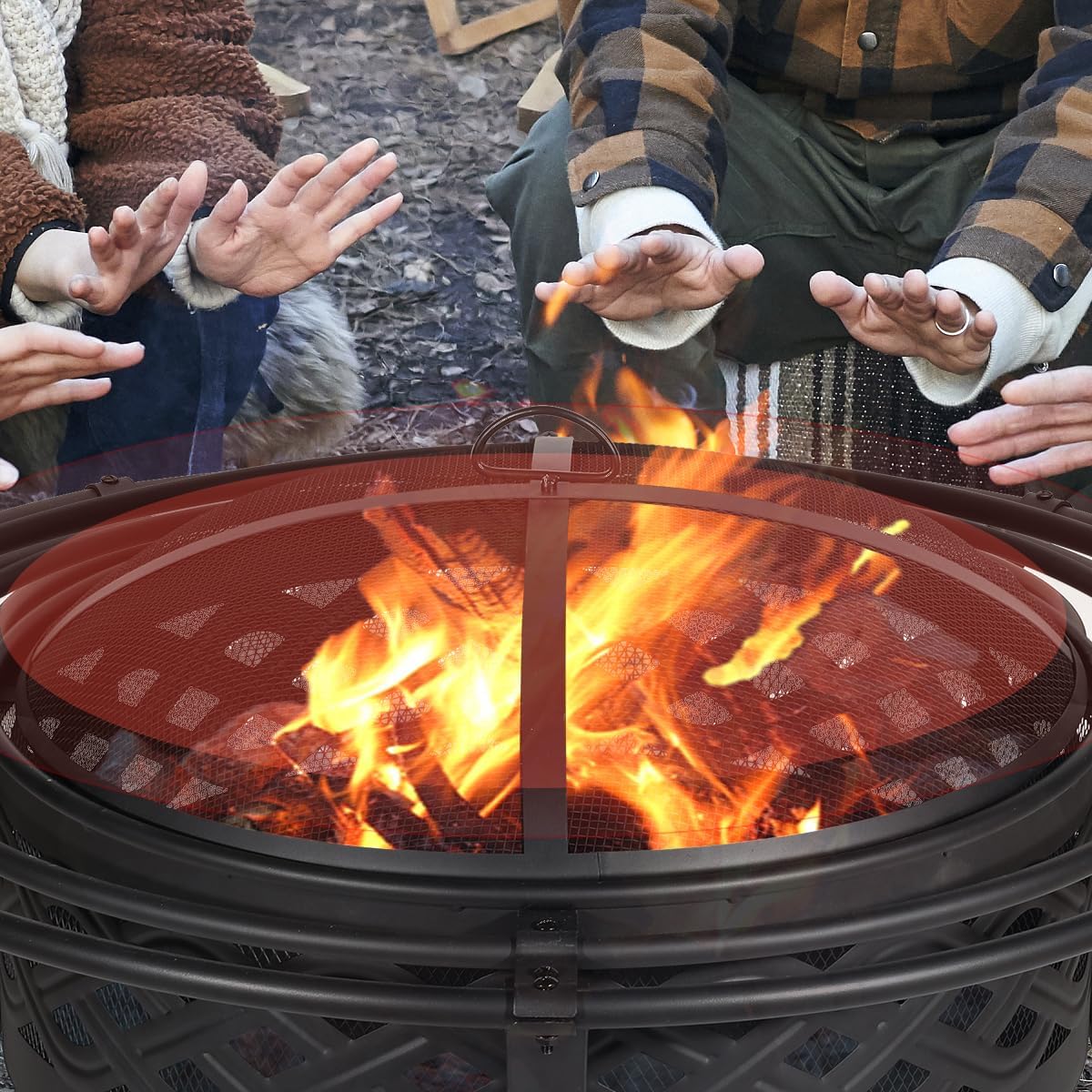 42 Inch Outdoor Fire Pit with 2 Loops,Crossweave Wood Burning Fire Pits for Outside,with Spark Screen,Fire Poker,Round Metal Firepit for Patio,Backyard,Beach,Camping,Bonfire(42''Black)