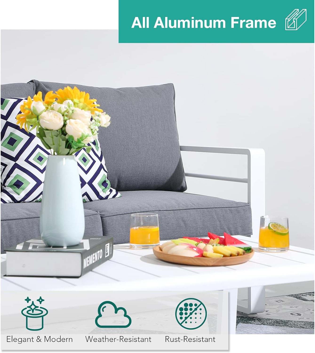 Patiorama Aluminum Patio Furniture Set, Outdoor Patio Loveseat, 2 Seat Sofa Couch, All Weather White Metal Chair with Olefin Cushion, Deep Seating, 600 lbs Capacity, Deck, Garden-Grey Cushion