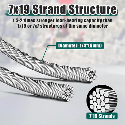 1/4" Stainless Steel Cable, 250FT Wire Rope, 7X19 Strands Aircraft Cable, 6400lbs Breaking Strength, for Zipline, Outdoor, Deck Railing, Heavy Duty Applications, Hanging