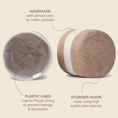 Jute Planter Basket Sustainable Woven Rope Covers for Decorating Indoor/Outdoor Plants Pots 6.5x6.5x6 Inches Ideal Size for 6" Planter-Multi-Purpose Storage Set of 4 White & Natural Jute