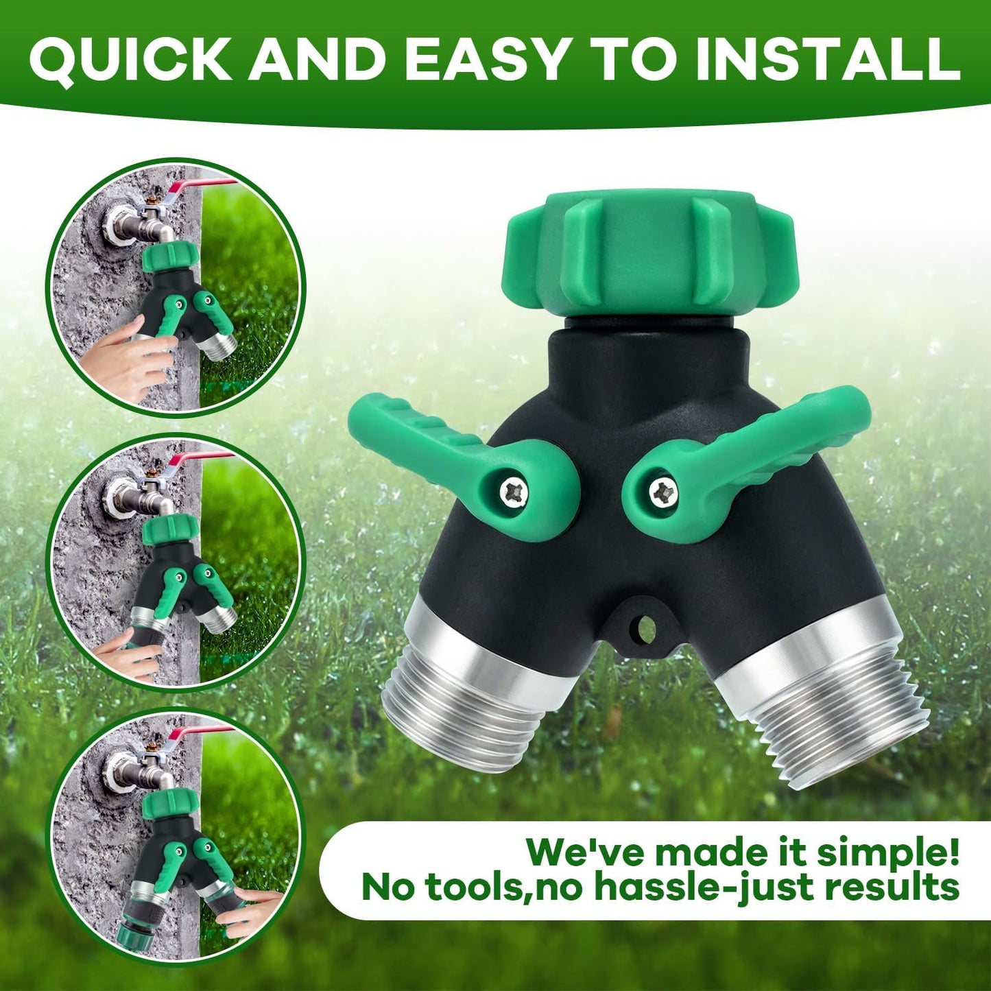 Garden Hose Splitter 2 Way, 304 Stainless Steel Hose Splitter 2 Way Heavy Duty, 3/4" Full Flow Y Valve Water Hose Splitter, Outdoor Faucet Splitter Y Connector for Garden Hose