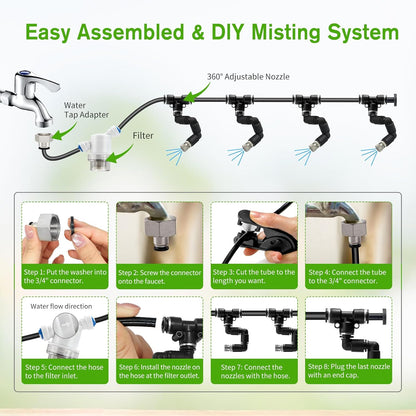 Outdoor Misting Cooling System, 32FT (10M) Misting Line + 8 Adjustable 360° Nozzles + 3/4” Threaded Adapter, Garden, Greenhouse, Misters for Outside Patio
