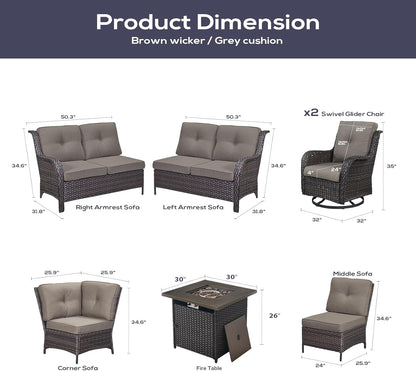 Outdoor Sectional Sofa Furniture Set with 50000BTU Propane Fire Pit Table, Wicker Patio Conversation Set with 2 Swivel Glider Rocker Chairs Grey Cushion Perfect for Backyard Casual Gathering
