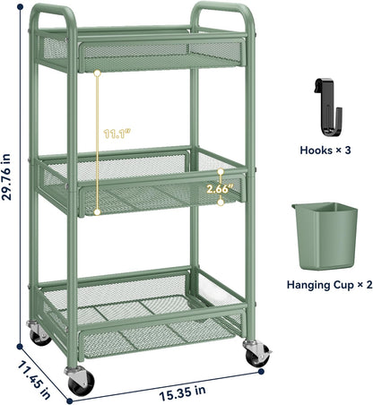 YASONIC 3 Tier Rolling Cart – Metal Utility Storage Cart with Wheels, Craft Carts Organizer with Hanging Cups, Hooks, Mesh Basket for Bedside Kitchen Office Art, Green