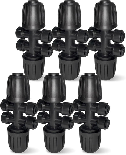 6 Pack 1/2'' to 1/4'' Drip Irrigation Fittings, Push-to-Fit 6 Way Drip Irrigation Part Barbed Tee Connectors, Anti-leak Locked Splitter Fitting for 1/2" Irrigation Tubing (0.6''-0.67''OD)