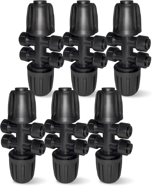 6 Pack 1/2'' to 1/4'' Drip Irrigation Fittings, Push-to-Fit 6 Way Drip Irrigation Part Barbed Tee Connectors, Anti-leak Locked Splitter Fitting for 1/2" Irrigation Tubing (0.6''-0.67''OD)