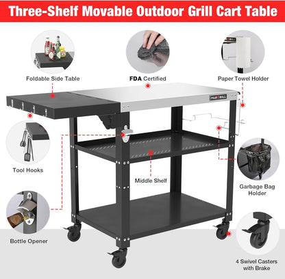 46.6" L x 20" W Three-Shelf Outdoor Grill Table, 4 Swivel Casters with Brake, Movable Outdoor Prep Table with Foldable Side Table, Stainless Steel Pizza Oven Table, BBQ Grilling Table