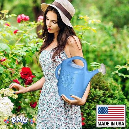 PMU 2 Gallon Watering Can - Garden Watering Can for Indoor & Outdoor Plants - Plastic Water Can with Detachable Sprinkler Head - Large Water Pot, Made in USA - Blue Pkg/6