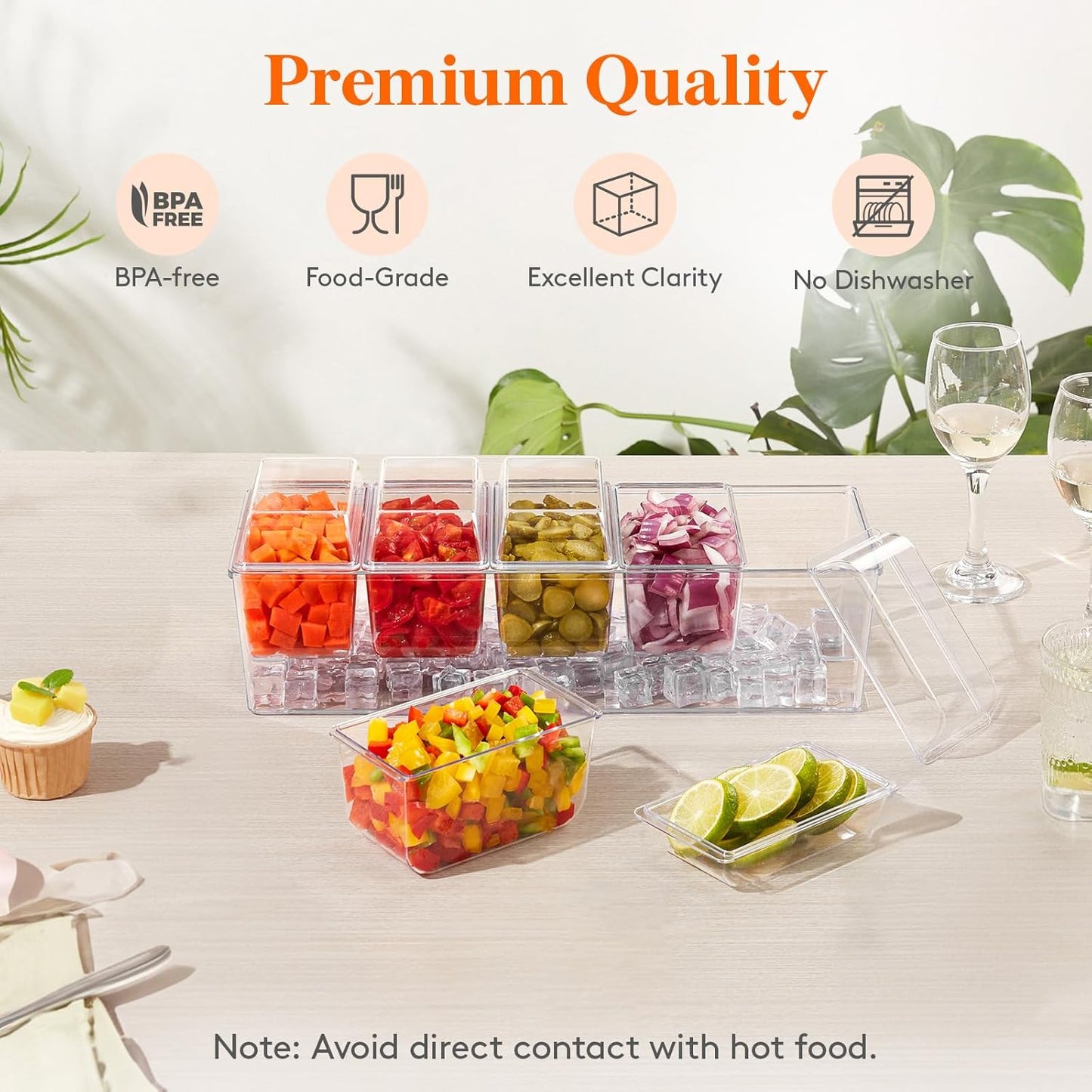 Lifewit 4 Pack Ice Chilled Condiment Caddy with 5 Containers(2.5 cup), Condiment Server with Separate Lids, Serving Tray Platter for Bar Accessories, Fruit, Salad, Taco, Party Garnish