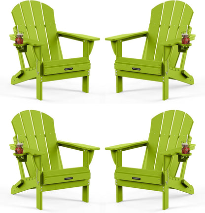 MUCHENGHY Folding Adirondack Chairs Set of 4, Patio Chairs, Lawn Chairs, Outdoor Chair, Adirondack Chair Plastic, Fire Pit, Weather Resistant with Cup Holder for Deck, Backyard, Garden(Lemon Green)