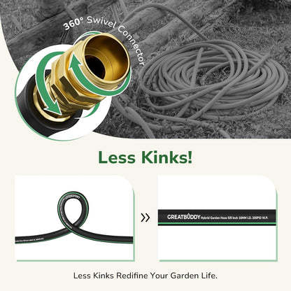 GreatBuddy 100 ft Garden Hose 5/8", Less Kink Heavy Duty Water Hose, Durable & Flexible Hose for Outdoor, Lawn, Car Washing, Pet Bathing and Household