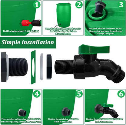 Plastics Rain Barrel Spigot Kit, High Flow Valve Core Water Tank Faucet+PVC Bulkhead Fitting,3/4 NPT to 3/4 GHT Rain Barrel Spigot for Plastic Bucket rainwater Drum Container Downspout Collector in