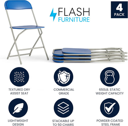 Flash Furniture Hercules Series Plastic Folding Chair - Blue - 4 Pack 650LB Weight Capacity Comfortable Event Chair-Lightweight Folding Chair