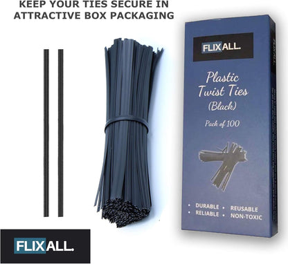 5 inches Twist Ties Pack of 100 - Premium Quality Reusable Black Plastic Coated Twist Ties for Bags, Cords - Bread Ties for Household