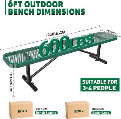 Heavy-Duty Park Bench or Table for Outside - Black Coated Outdoor Furniture Steel Bench, Commercial-Grade Outdoor Benches Weatherproof for Park, Patio, Porch (Green, 6FT (Without Backrest))