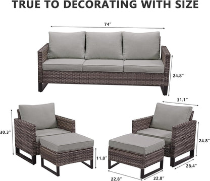 HUMMUH 5 Piece Patio Furniture Set All Weather Wicker Outdoor Sectional Sofa,High Back Patio Chairs and Ottomans for Porch,Garden,Backyard