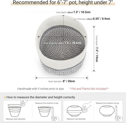 Dahey Jute Cotton Rope Plant Basket Mini Woven Storage Basket for Up to 7" Planter, Decorative Flower Pot Cover Closet Storage Bin Table Desk Organizer Modern Home Decor, Grey