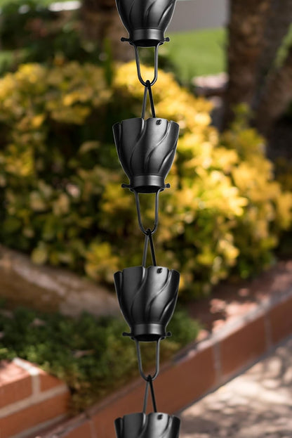 Monarch Rain Chains Aluminum Akira Rain Chain, 8.5 ft Black Powder Coated Aluminum Decorative Rain Catcher Chain for Gutters, Black Aluminum Rain Gutter Replacement Downspout