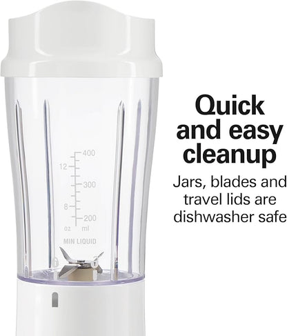 Hamilton Beach Portable Blender for Shakes and Smoothies, 14 Oz BPA Free Travel Cup & Lid, Durable Stainless Steel Blades, Personal Smoothie Blender, 2 Jars - White (51102V)