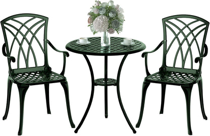 Patio Bistro Set 3 Piece, Cast Aluminum Bistro Set for 2 w/Umbrella Hole, Outdoor Table and Chairs Set of 2, Bistro Set for Balcony/Backyard/Garden, Green