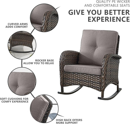 HUMMUH 5-Piece Outdoor Patio Furniture PE Wicker Patio Conversation Set,All-Weather Outdoor Rocking Chairs with Patio Couch Tables for Backyard,Poolside,Deck