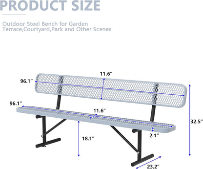 8FT Benches for Outside, Heavy-Duty Outdoor Garden Bench W/Back, Metal Park Bench for Sitting Area, Commercial Bench for Patio Porch Backyard School Sports Church Locker Room Shopping Centers