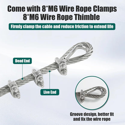 1/4" Stainless Steel Cable 50FT Wire Rope with Clamps and Thimble, 7X19 Strands Aircraft Cable for Zipline, Outdoor, Deck Railing, Heavy Duty Applications, Hanging, 6400lbs Breaking Strength