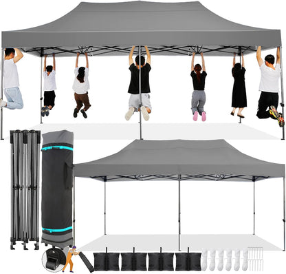 COBIZI 10x20 Pop Up Canopy Without Sidewall,Heavy Duty Canopy UPF 50+ All Season Wind Waterproof Commercial Outdoor Wedding Party Tents for Parties Gazebo with Roller Bag(10 x 20 ft Gray)
