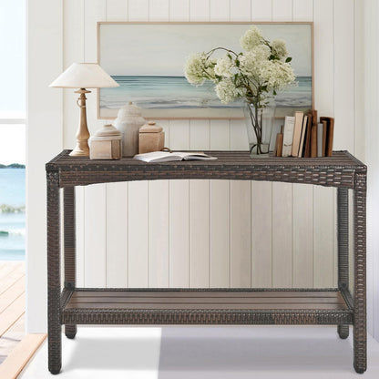 Outdoor Console Table Patio Buffet Bar Storage Organizer 45" Long Wicker Sofa Serving Sideboard Table 2-Shelf Outdoor Bar Table Tall Rectangle Narrow with Adjustable Feet for Entryway Balcony Brown