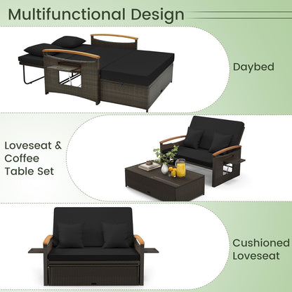 Tangkula Patio Rattan Daybed Set with Cushioned Loveseat and Storage Ottoman, Outdoor Double Chaise Lounger with 4-Level Adjustable Backrest and Retractable Side Trays for Backyard (Black)
