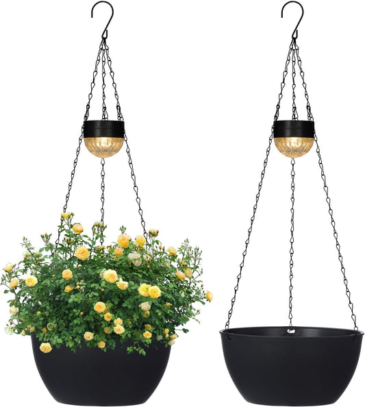 2 Packs Hanging Planters Basket for Outdoor Plants, Solar Powered Self Watering Black Round Plastic Flower Pots with Drainer for Balcony Patio Garden Outdoor Decoration