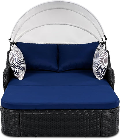 kevinplus Outdoor Patio Sunbed Daybed Double Lounge with Adjustable Canopy for Garden Backyard Pool, PE Rattan Wicker Material & Moveable Cushion Cover, Blue & Black